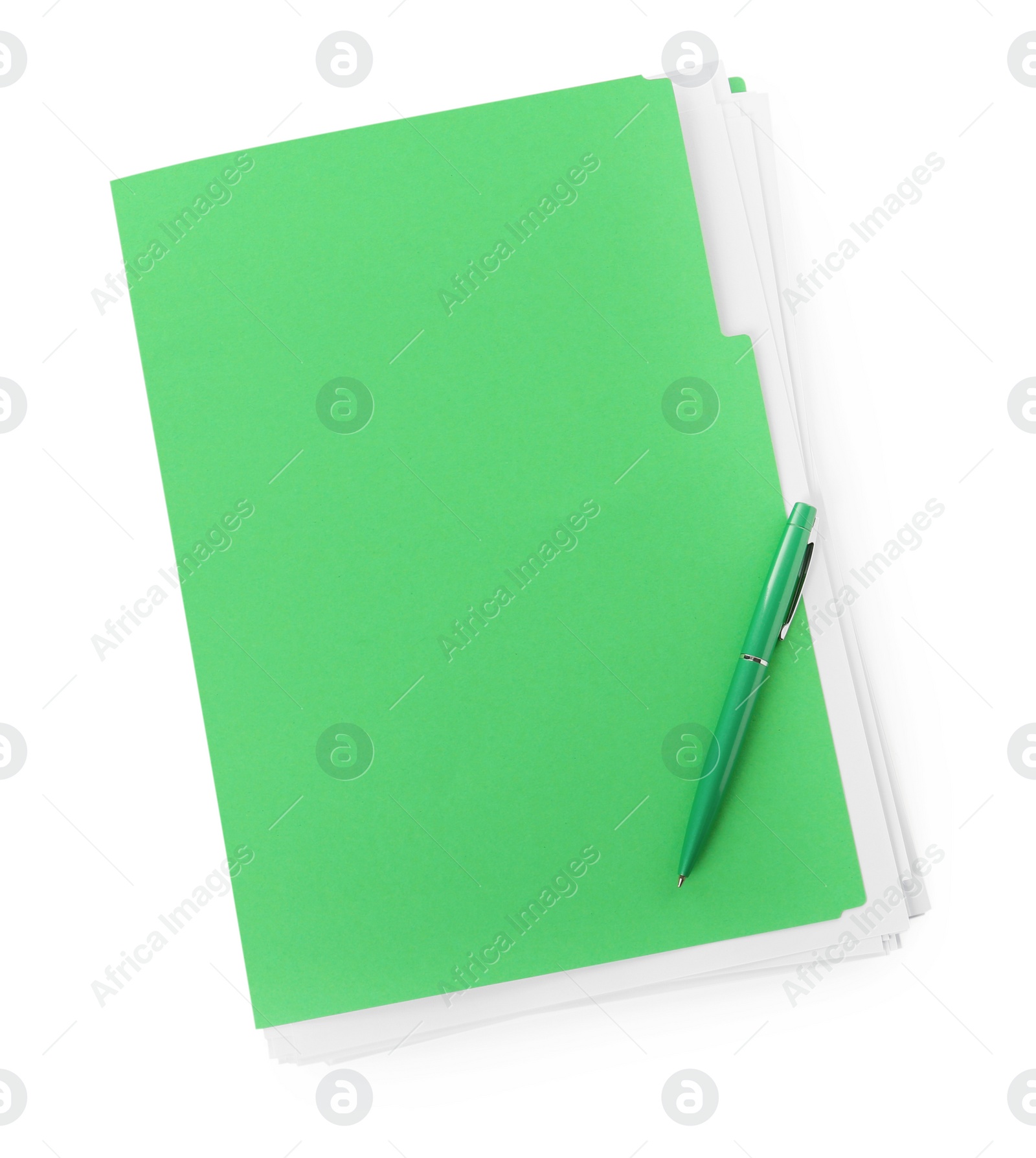 Photo of Light green file with documents and pen isolated on white, top view