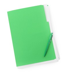 Photo of Light green file with documents and pen isolated on white, top view