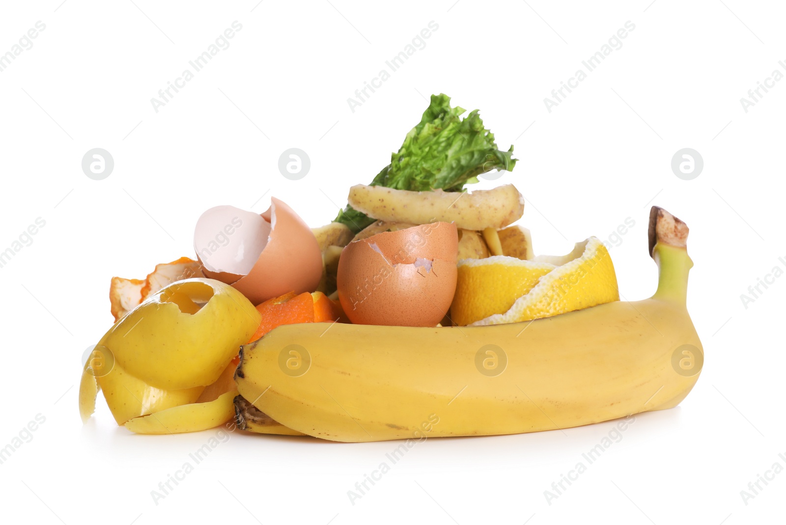 Photo of Pile of garbage on white background. Rubbish recycling