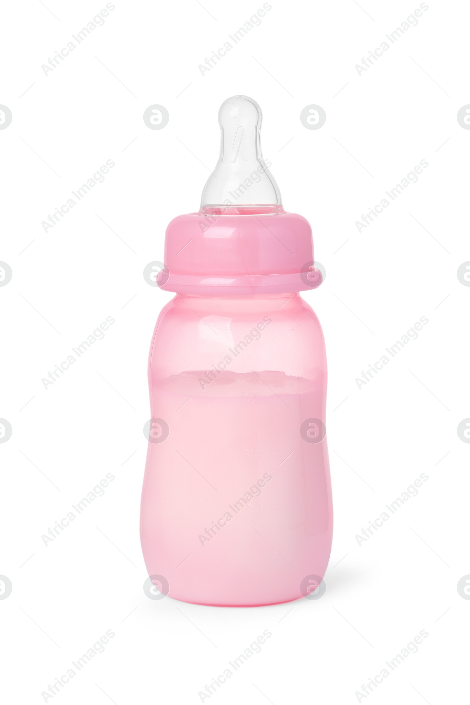 Photo of One feeding bottle with milk on white background