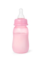 Photo of One feeding bottle with milk on white background