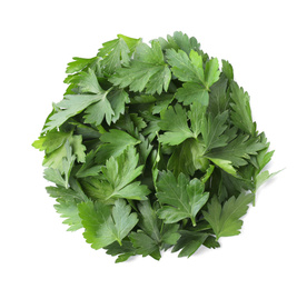 Photo of Pile of fresh green parsley on white background, top view