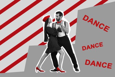 Happy couple dancing on bright background. Creative collage with stylish man and woman. Concept of music, party, fashion, lifestyle