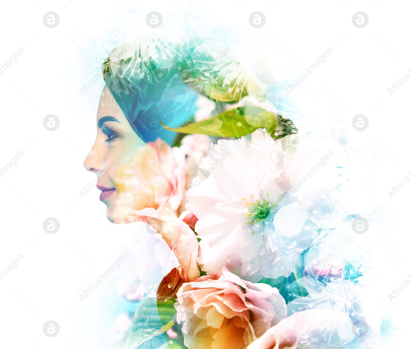 Image of Double exposure of beautiful woman and blooming flowers