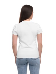 Woman wearing stylish T-shirt on white background, back view