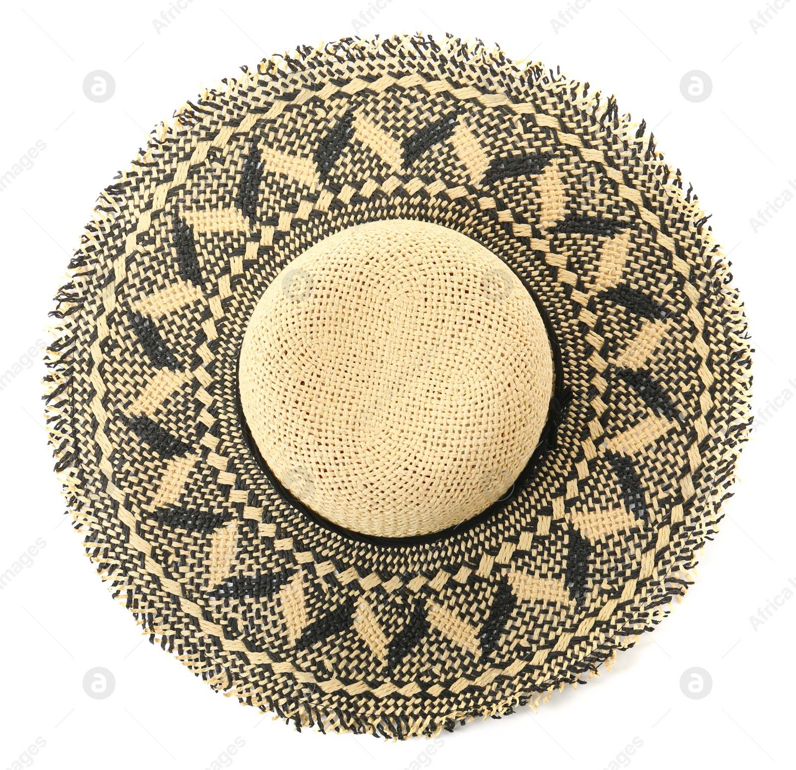 Photo of Stylish straw hat isolated on white, top view