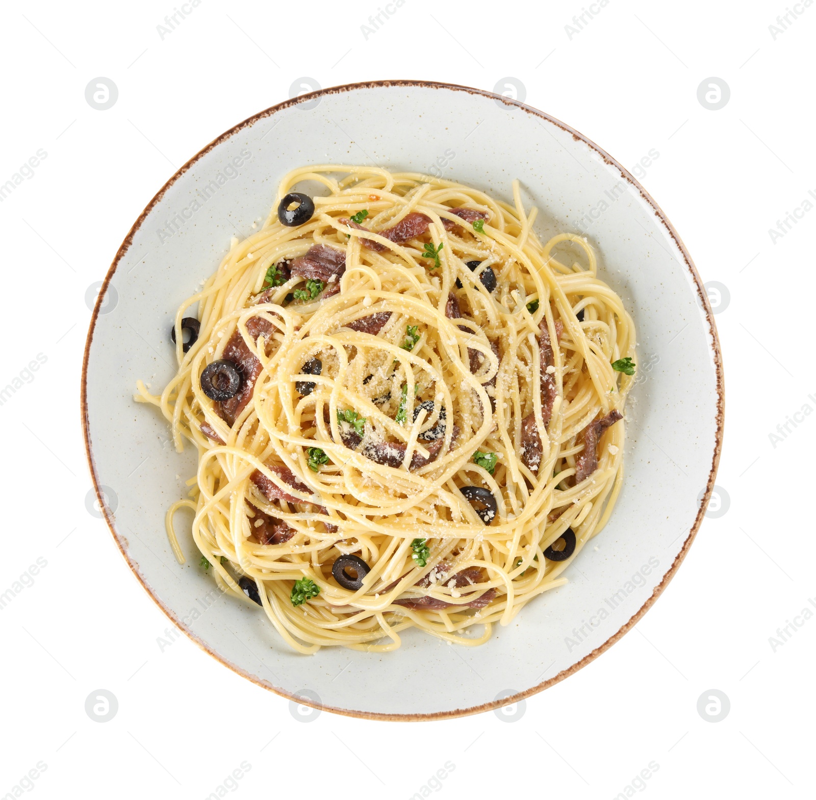 Photo of Plate of delicious pasta with anchovies, olives and parmesan cheese isolated on white, top view