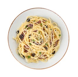 Photo of Plate of delicious pasta with anchovies, olives and parmesan cheese isolated on white, top view