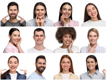 Image of People showing white teeth on white background, collage of photos