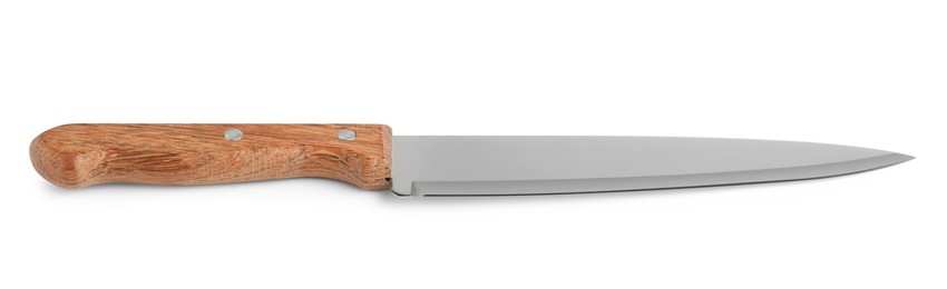 Photo of One knife with wooden handle isolated on white