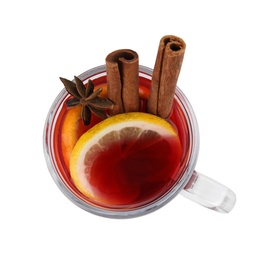 Photo of Glass cup of mulled wine isolated on white, top view
