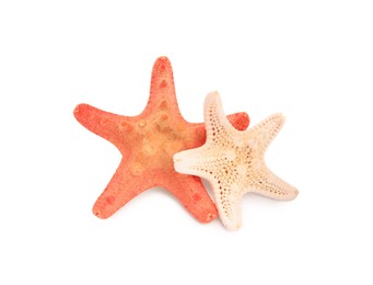 Beautiful sea stars (starfishes) isolated on white, top view