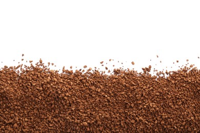 Photo of Heap of aromatic instant coffee isolated on white, top view