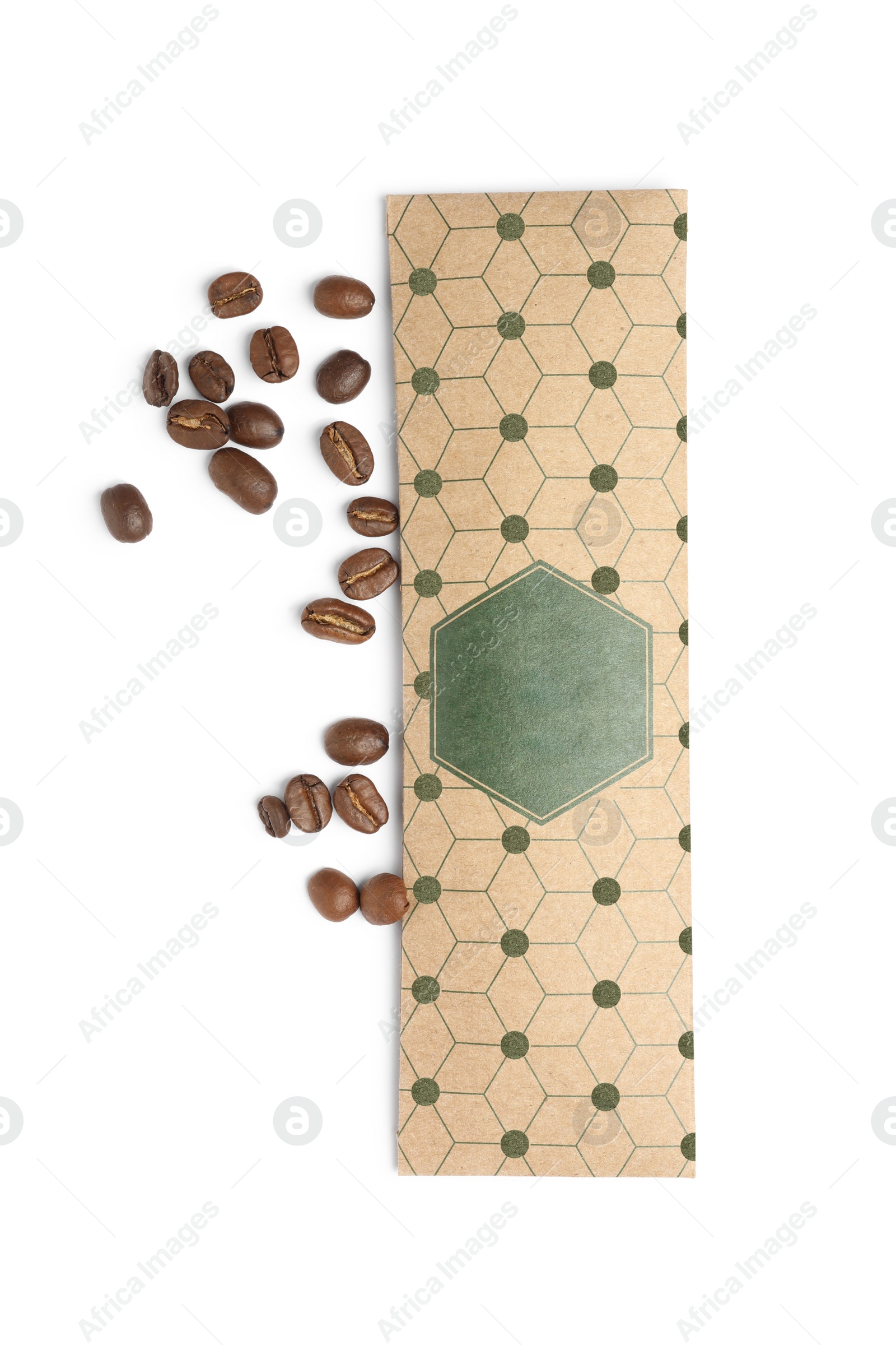 Photo of Scented sachet and coffee beans on white background, top view
