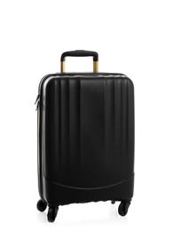 Photo of Black suitcase for travelling on white background