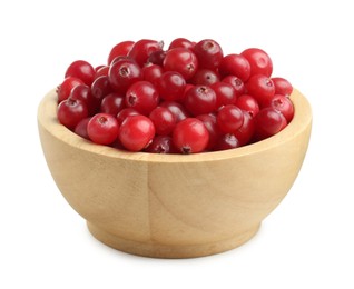 Photo of Wooden bowl of fresh ripe cranberries isolated on white