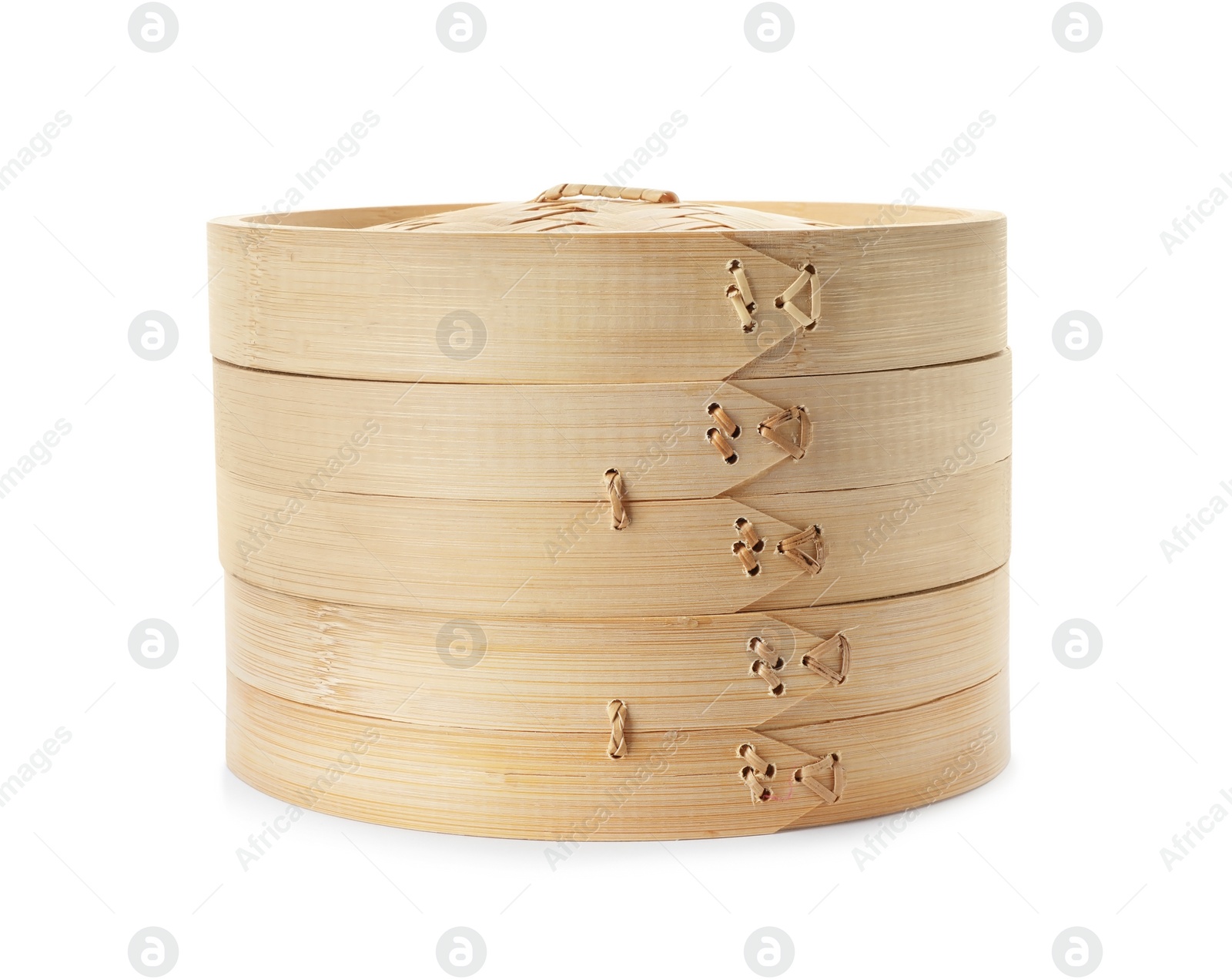 Photo of Steamer set made of bamboo on white background