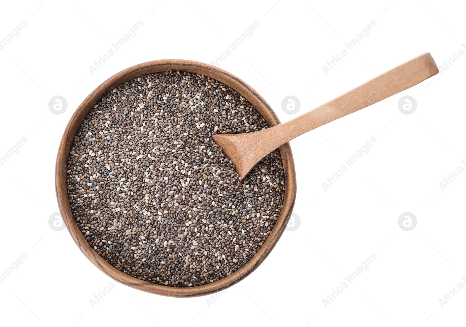 Photo of Bowl with chia seeds and spoon isolated on white, top view