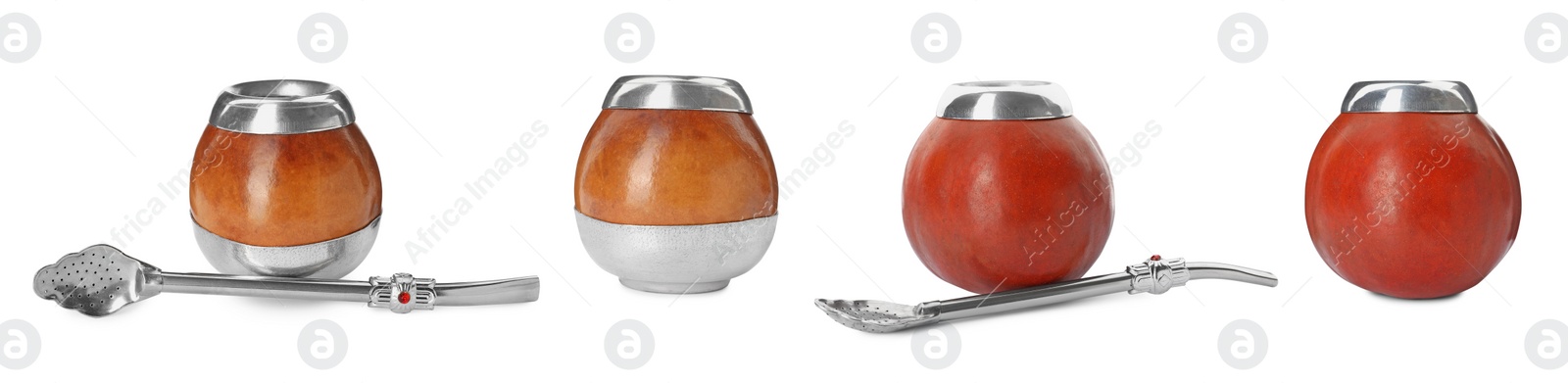 Image of Set with calabashes with mate tea and bombillas on white background. Banner design