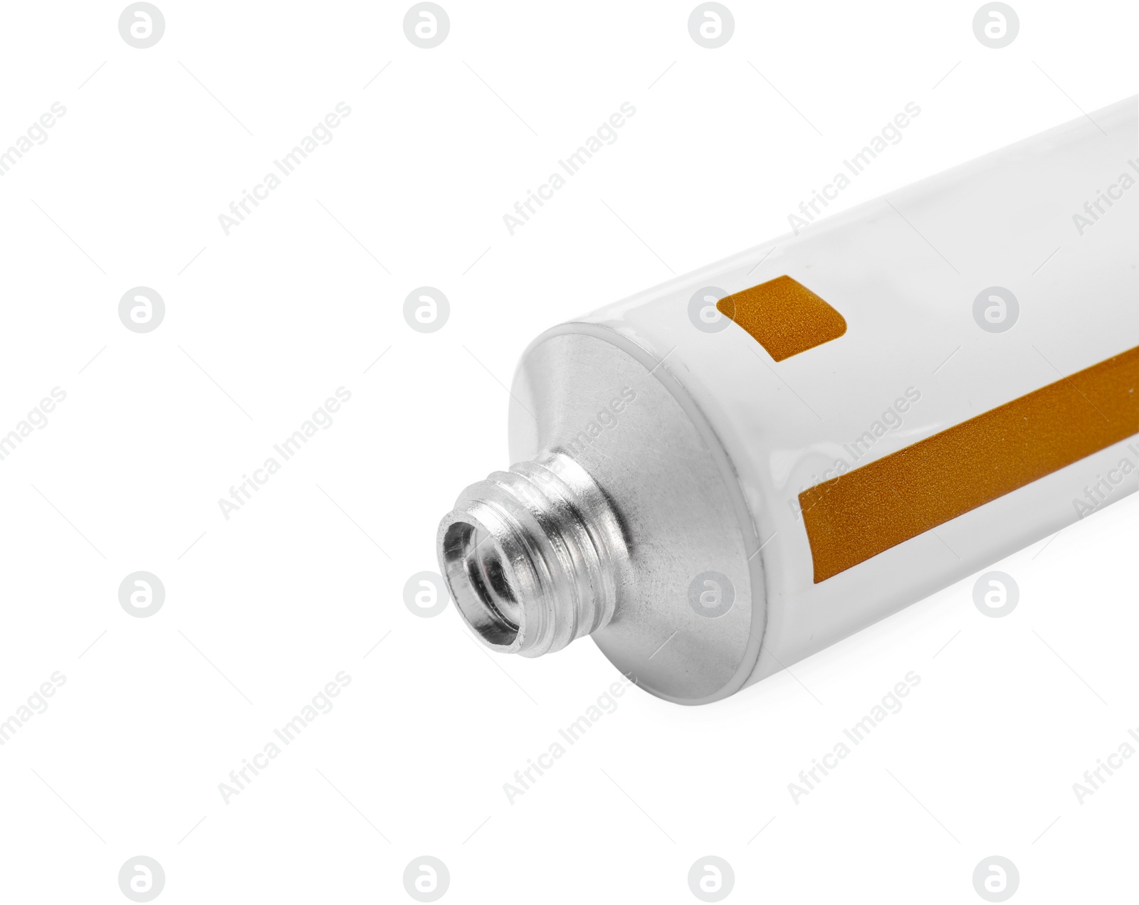 Photo of Open tube of ointment on white background, closeup. Space for text