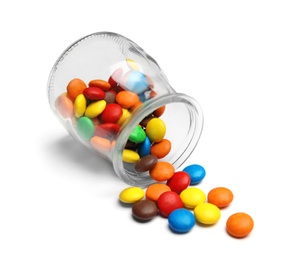 Jar with colorful candies on white background