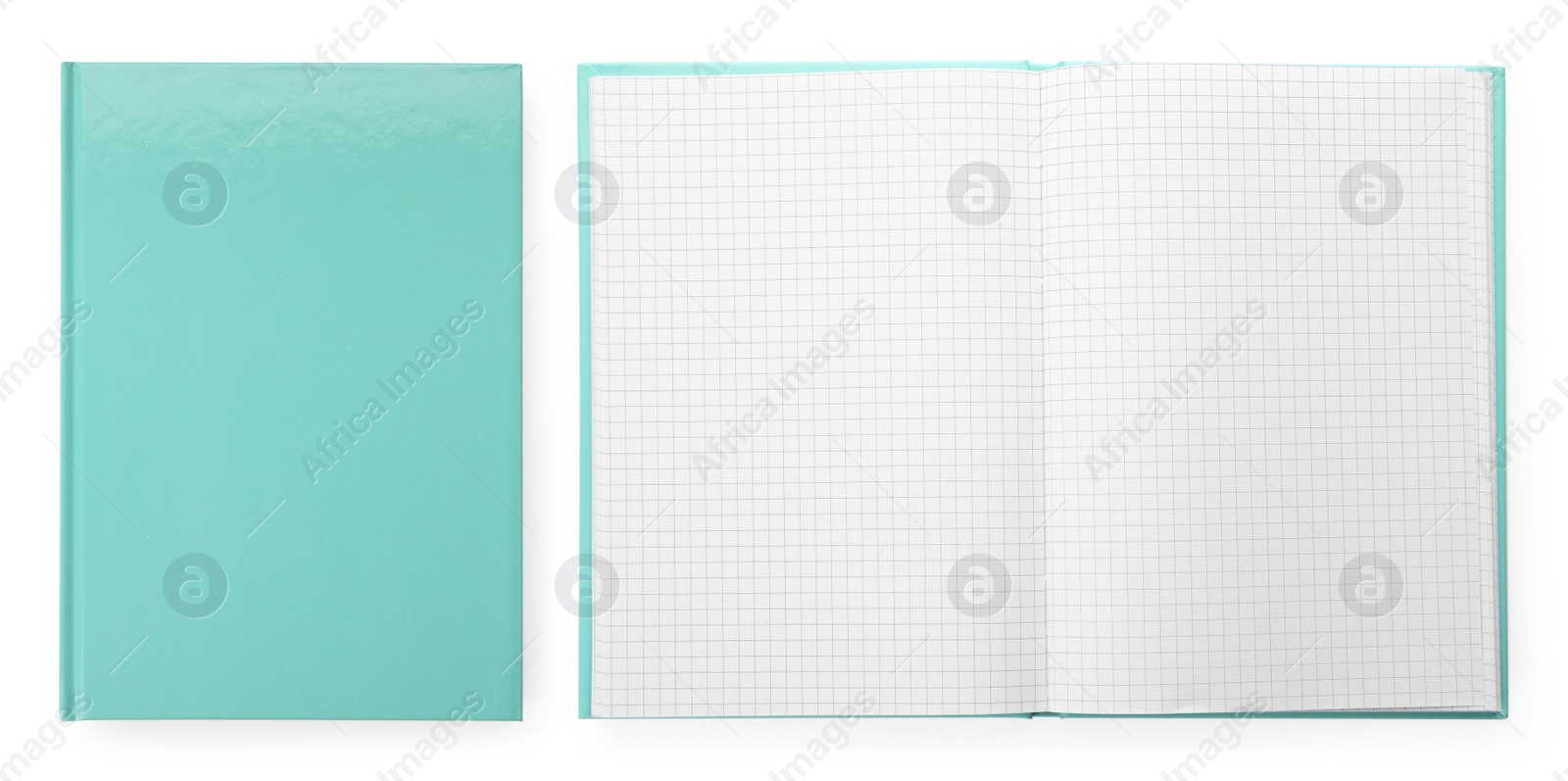 Image of Closed and open planners on white background, top view. Collage