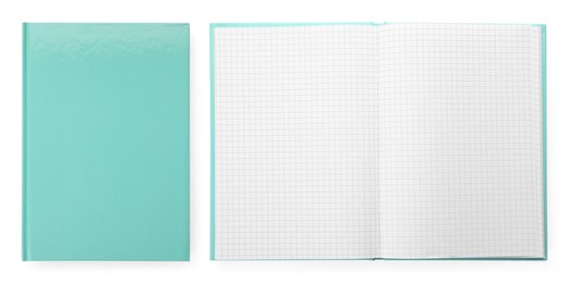 Image of Closed and open planners on white background, top view. Collage