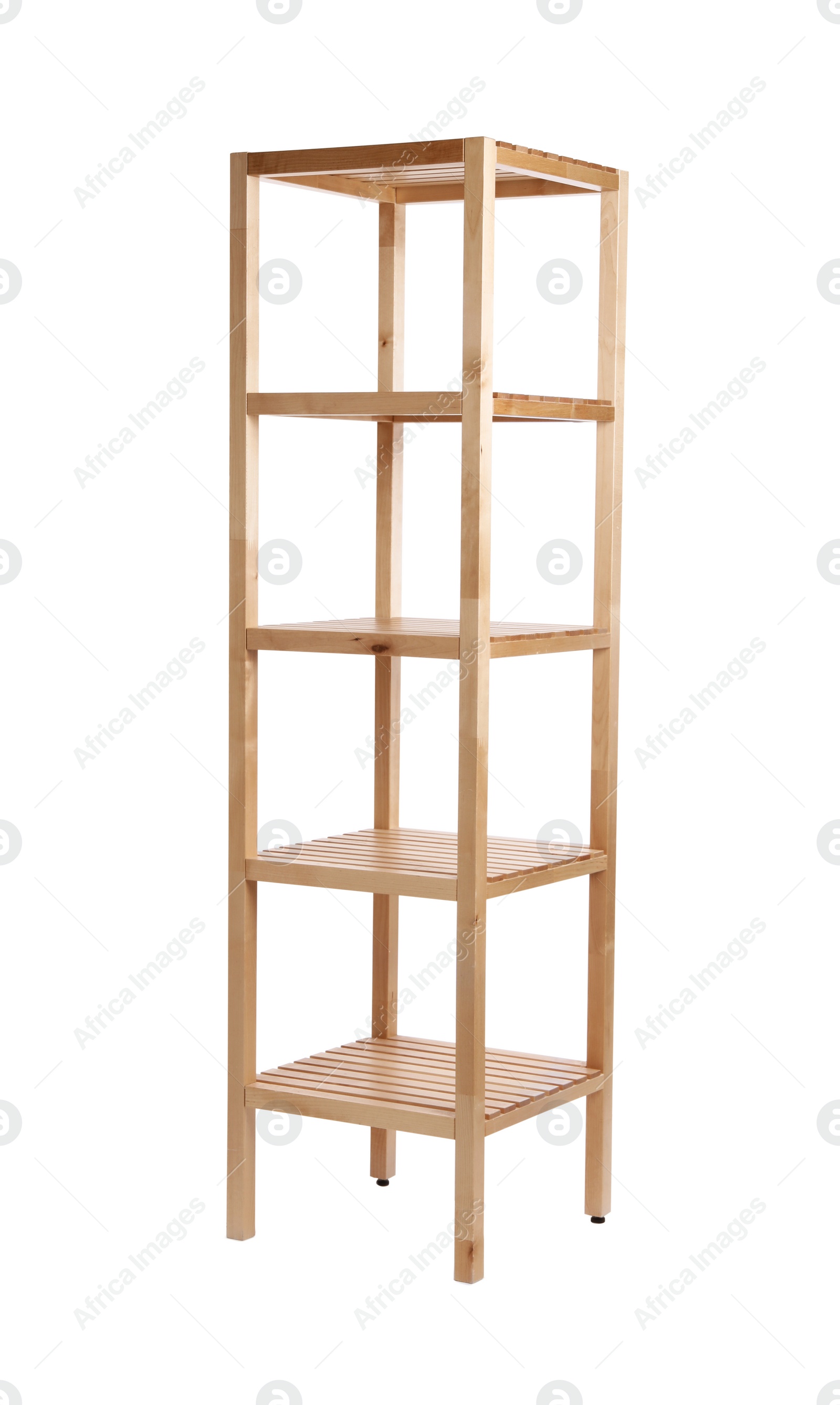 Photo of Empty wooden shelving unit isolated on white