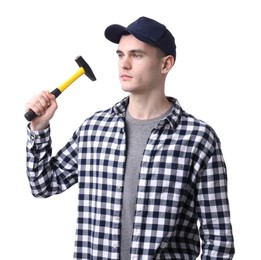 Photo of Young man holding hammer on white background