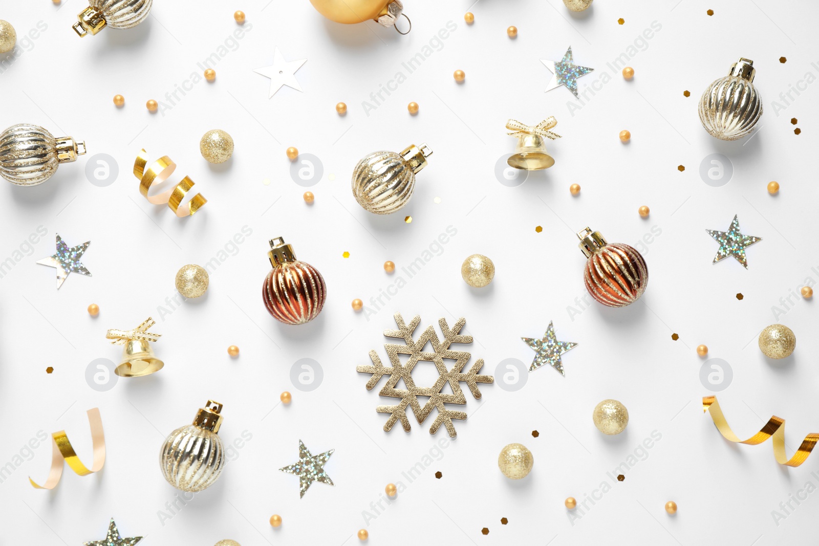 Photo of Flat lay composition with Christmas decorations on white background