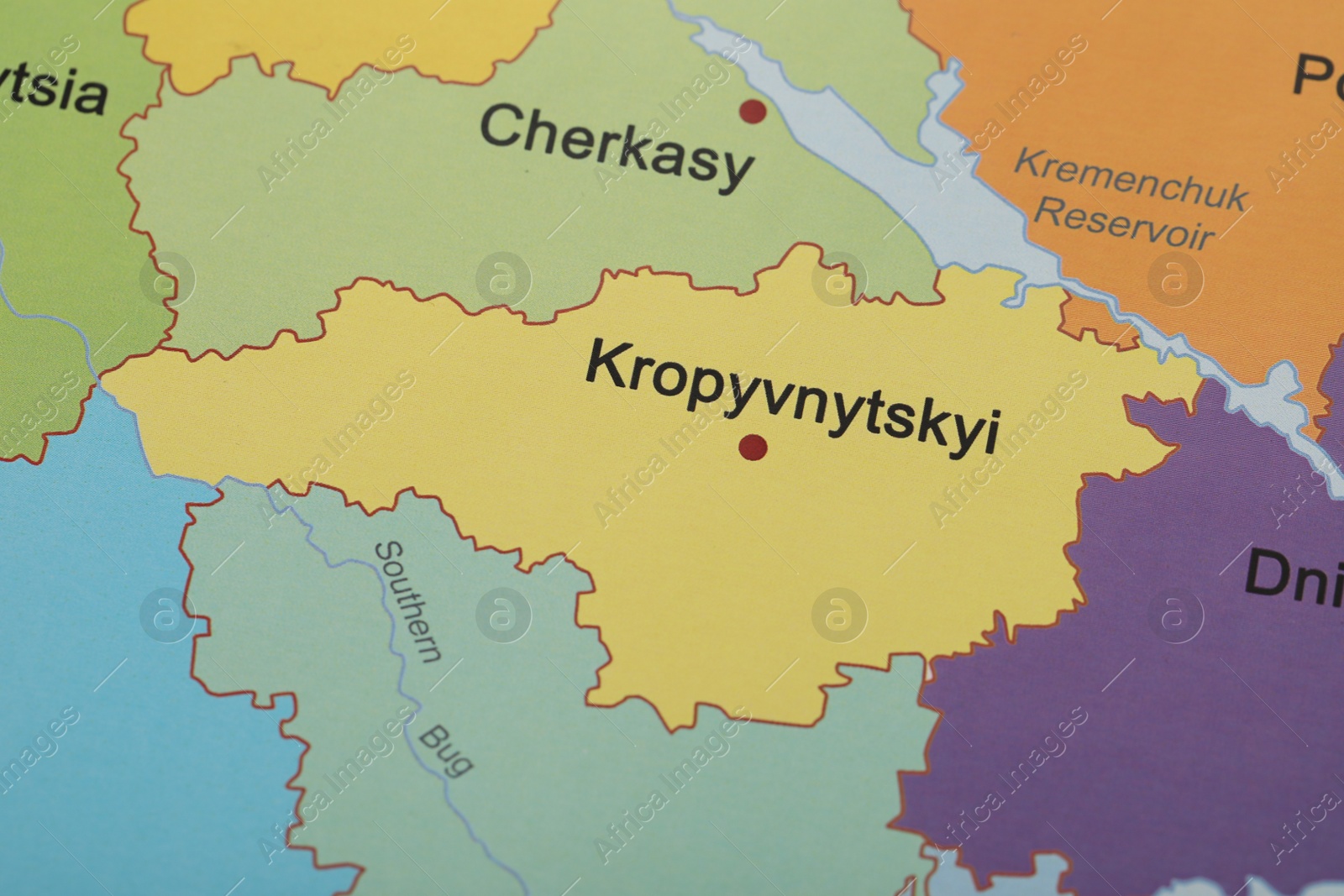 Photo of Kropyvnytskyi region on map of Ukraine, closeup