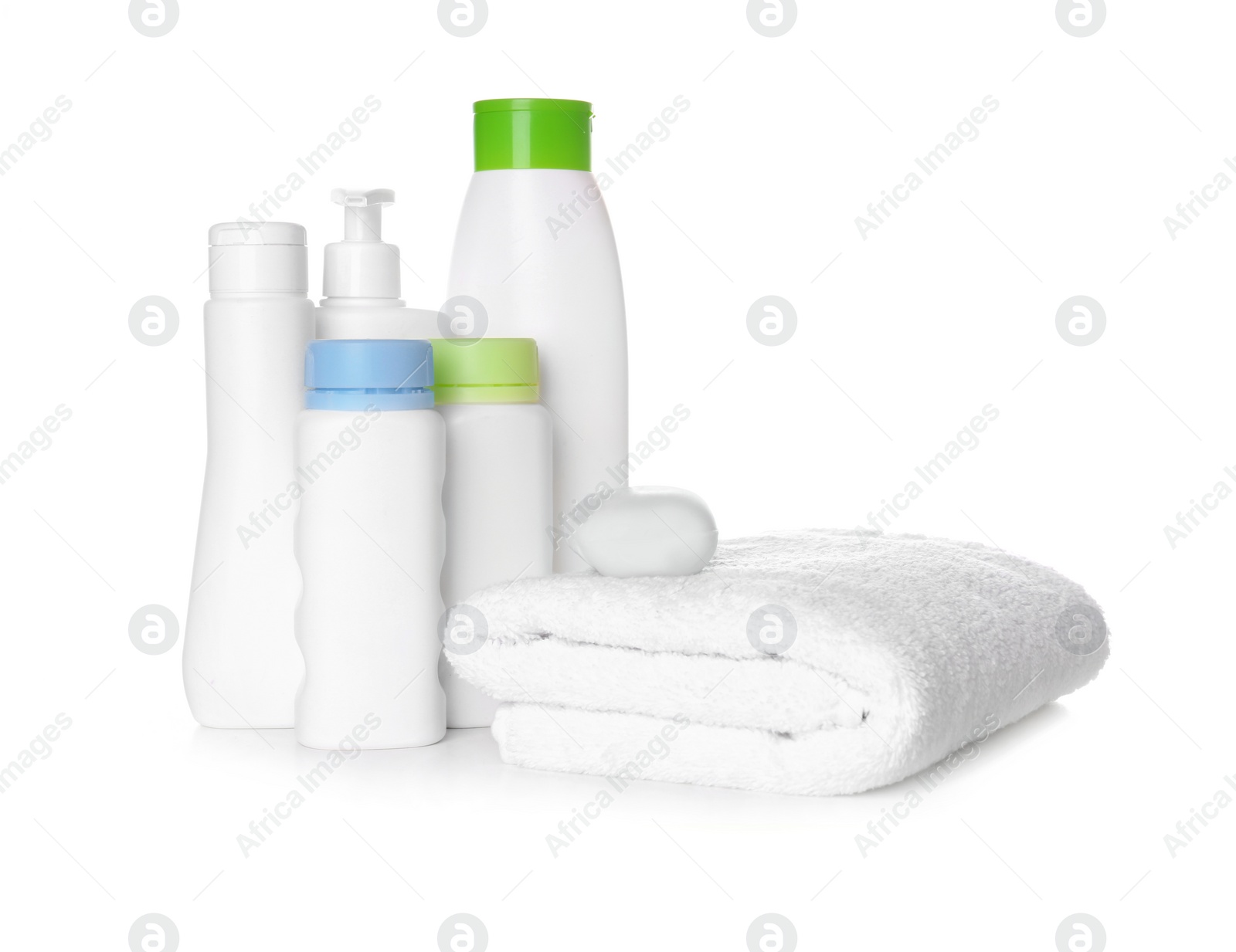 Photo of Set of baby accessories on white background