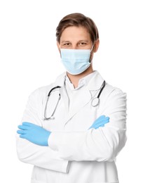 Photo of Doctor or medical assistant (male nurse) with protective mask and stethoscope on white background