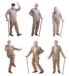 Collage with photos of senior man with walking cane on white background