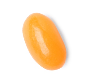 Photo of Tasty orange jelly bean isolated on white, top view