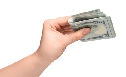 Photo of Money exchange. Woman holding dollar banknotes on white background, closeup