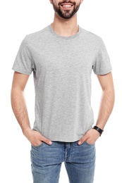 Photo of Young man in t-shirt on white background, closeup. Mock up for design