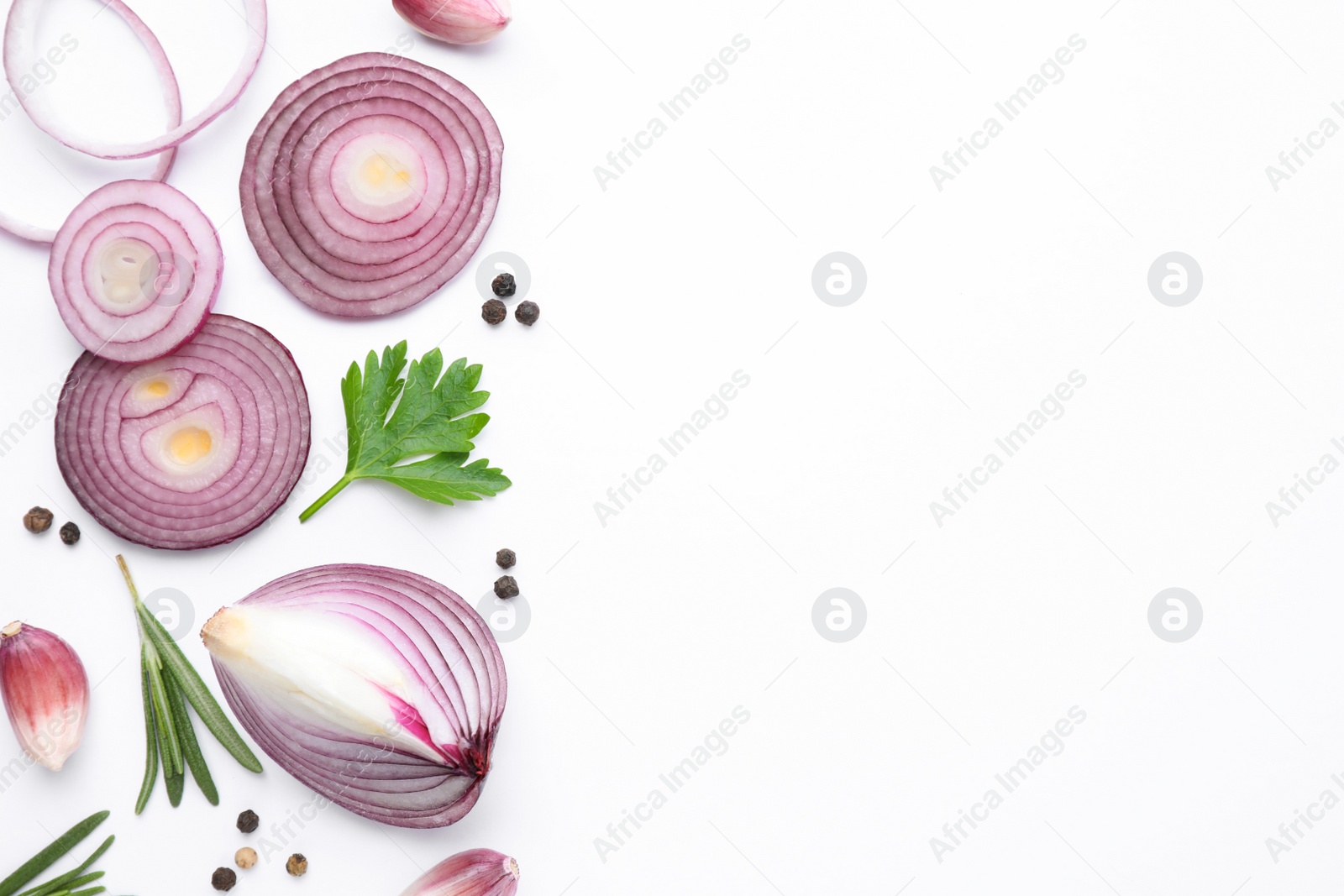 Photo of Flat lay composition with cut onion and spices on white background