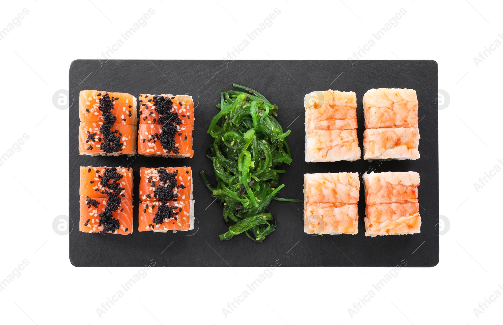 Photo of Delicious sushi rolls and chuka on white background, top view