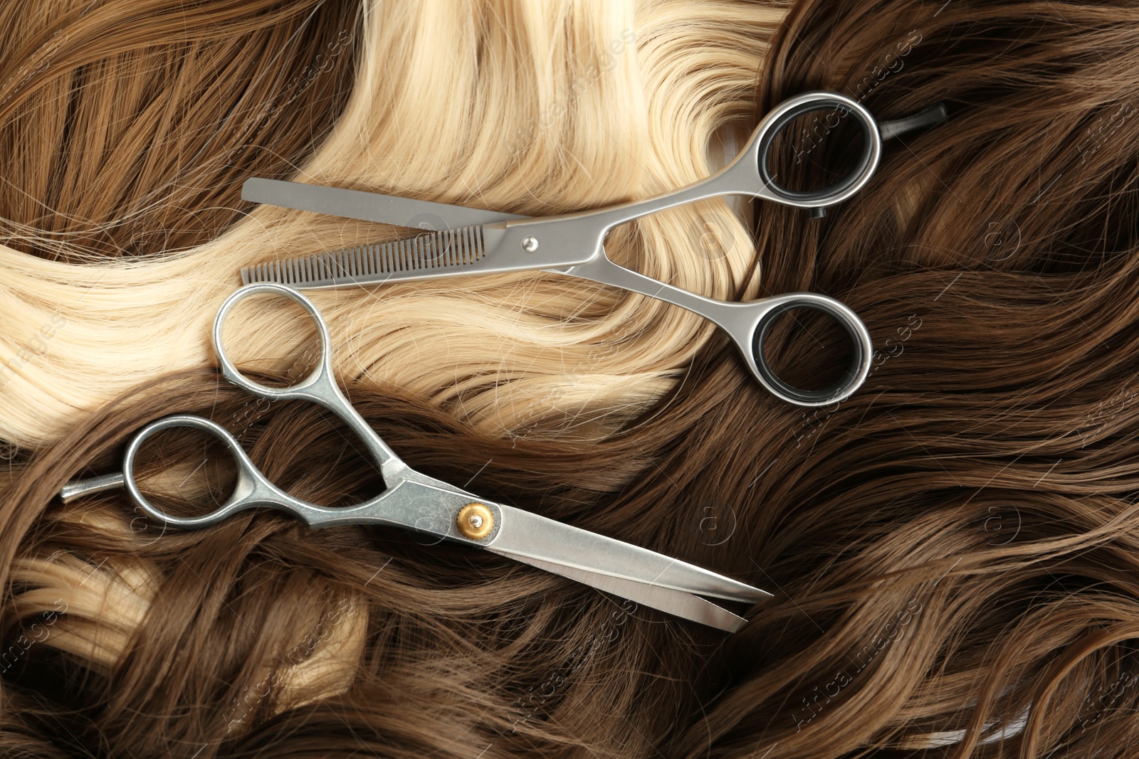 Photo of Scissors on hair, top view. Hairdresser service