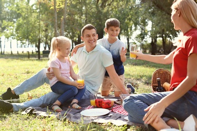 Happy family having picnic in park on sunny day