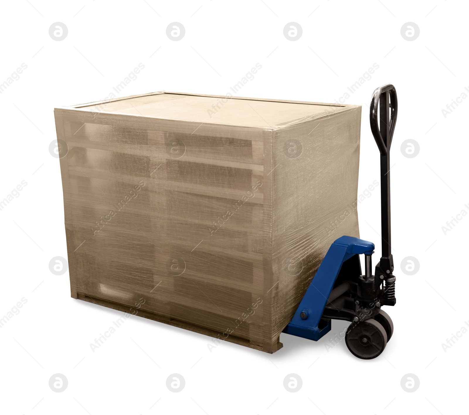 Image of Modern manual forklift with wooden pallets on white background