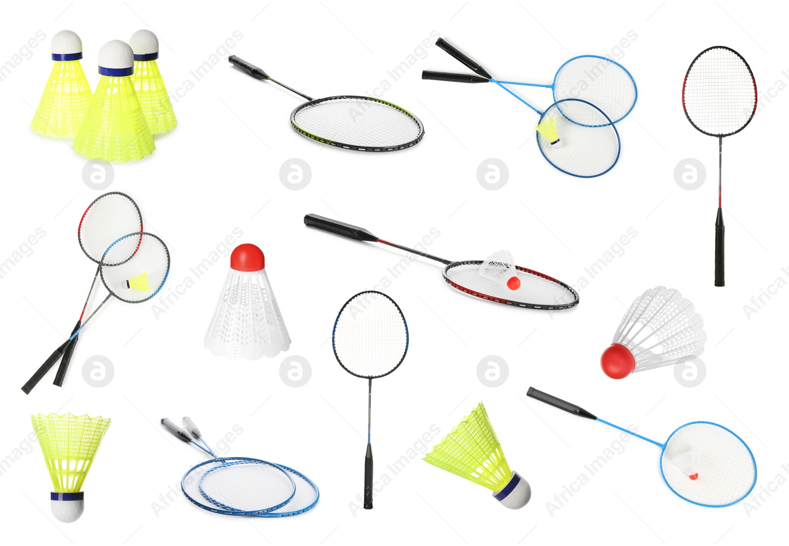 Image of Set with rackets and shuttlecocks on white background. Badminton equipment