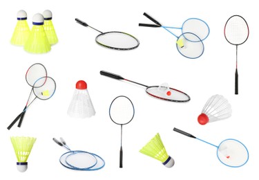 Image of Set with rackets and shuttlecocks on white background. Badminton equipment