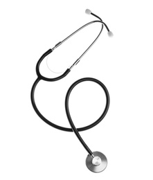 Photo of Stethoscope on white background, top view. Medical device