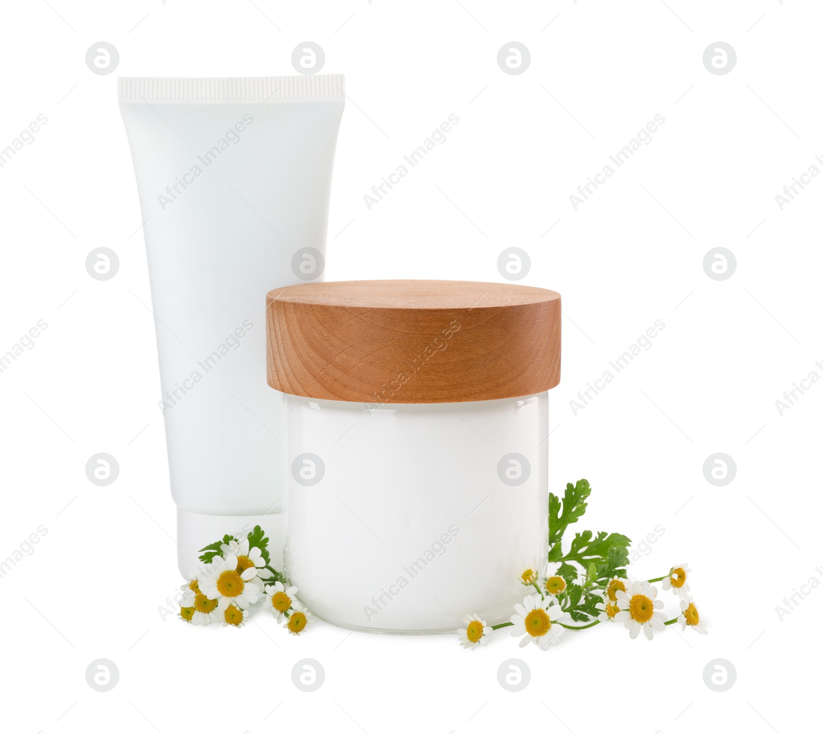 Photo of Different hand care cosmetic products and chamomiles on white background