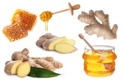 Image of Set with ginger root and honey on white background