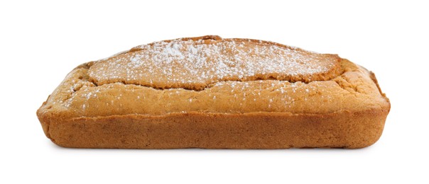 Photo of Delicious homemade yogurt cake with powdered sugar on white background