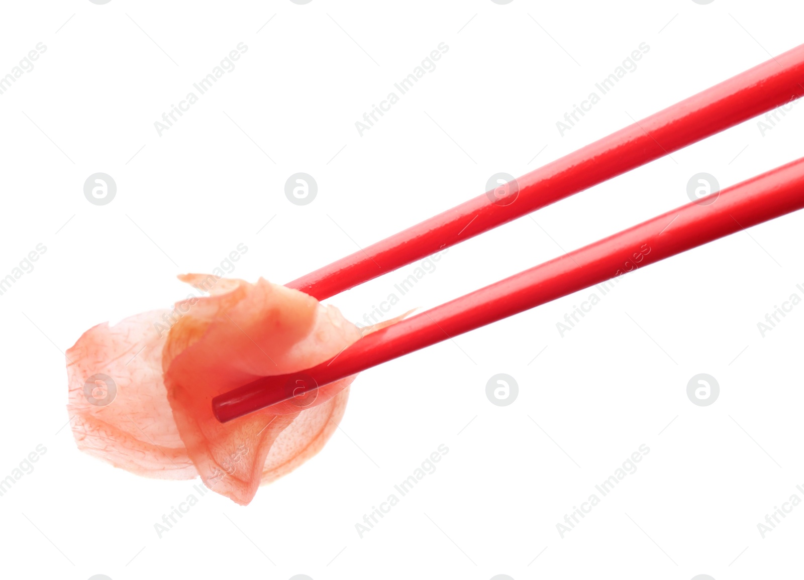 Photo of Chopsticks with pickled ginger on white background