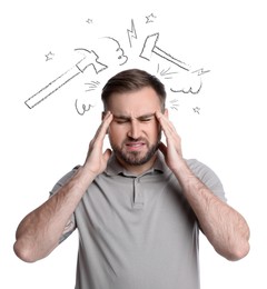 Image of Young man having headache on white background. Illustration of hammers representing severe pain